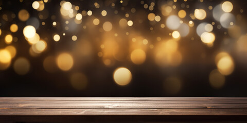 Empty wooden table top before blur light gold bokeh on dark background