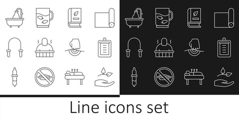 Set line Leaf in hand, Clipboard with checklist, Medical book, Sauna spa procedures, Jump rope, Bathtub, Massage and Cup of tea leaf icon. Vector