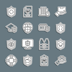 Set line Hand holding briefcase, Graduation cap with shield, Life insurance, Fire burning house, Shield world globe, Health and Money icon. Vector