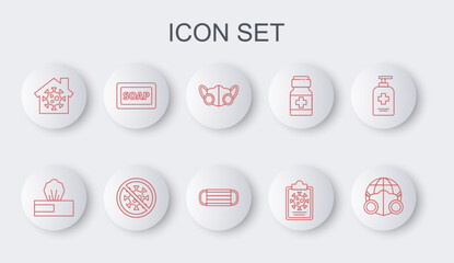 Set line Earth with medical mask, Wet wipe pack, Medical protective, Clipboard blood test results, Stay home, Bar of soap, Stop virus and icon. Vector