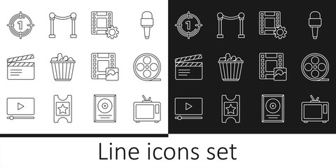 Set line Retro tv, Film reel, Play Video, Popcorn in box, Movie clapper, Old film movie countdown frame, and Rope barrier icon. Vector