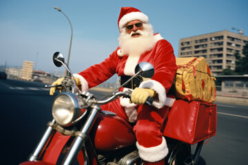 Santa Claus ride vintage motorbike deliver gifts Christmas in the city. delivery concept