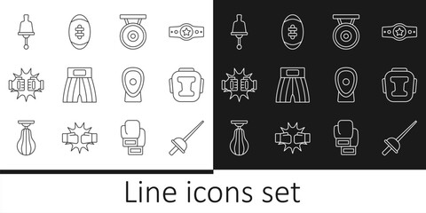 Set line Fencing, Boxing helmet, Gong, short, Punch boxing gloves, Ringing bell, training paws and American Football ball icon. Vector