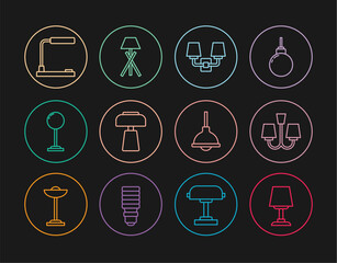 Set line Table lamp, Chandelier, Wall or sconce, Floor, Lamp hanging and icon. Vector