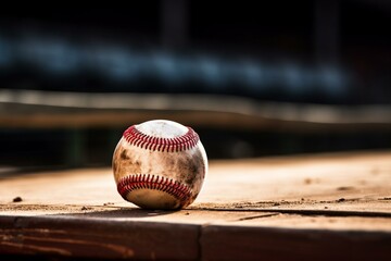 A baseball resting on a bench near a dugout with a blurred backdrop. Generative AI