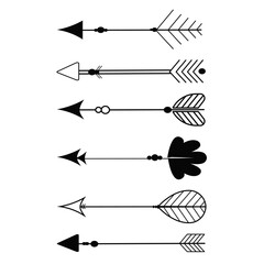 Set tribal ethnic arrows, dividers, native indian bow boho in doodle style isolated on white background. Collection borders, decoration elements