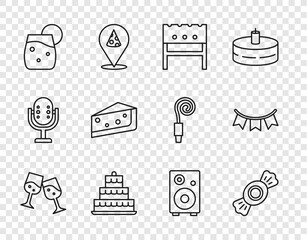 Set line Glass of champagne, Candy, BBQ brazier, Cake with burning candles, Cocktail, Piece cake, Stereo speaker and Carnival garland flags icon. Vector