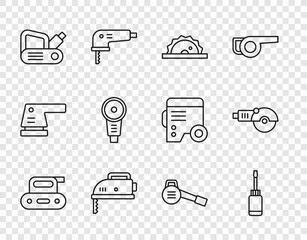 Set line Electric planer tool, Screwdriver, circular saw, jigsaw, Angle grinder, Leaf garden blower and icon. Vector