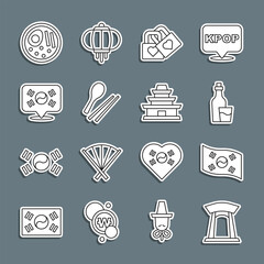 Set line Korean gate, South flag, Soju bottle, Lock with heart, Food chopsticks, Location, Ramen and temple icon. Vector