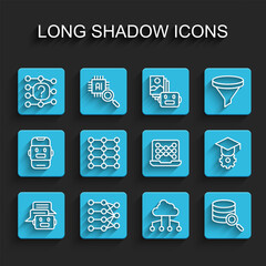 Set line Chat bot, Neural network, Network cloud connection, Server, Graduation cap and icon. Vector