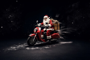 Full length of crazy fast Santa Claus who ride vintage motorbike deliver gifts Christmas eve