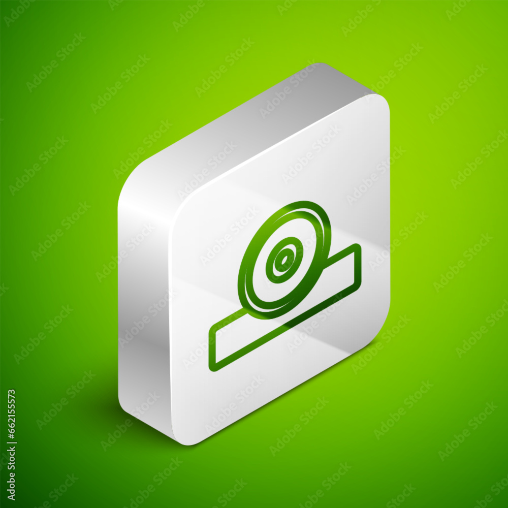 Poster isometric line otolaryngological head reflector icon isolated on green background. equipment for ins