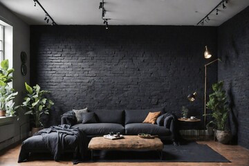 Modern minimalist living room with a black sofa and a plant within