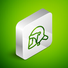 Isometric line Police helmet icon isolated on green background. Military helmet. Silver square button. Vector