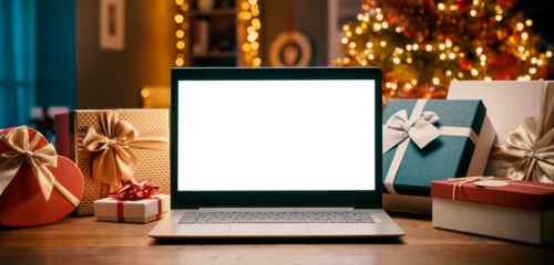 Laptop with blank screen and Christmas gifts
