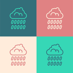 Pop art line Cloud with rain icon isolated on color background. Rain cloud precipitation with rain drops. Vector