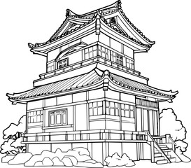 outline illustration of Japan House for coloring page
