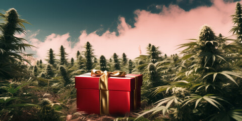 Close-up of a Christmas present in a cannabis garden. Golden gift box surrounded by green plants. - obrazy, fototapety, plakaty