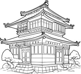 outline illustration of Japan House for coloring page