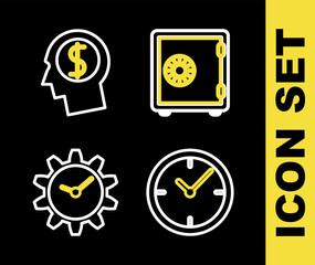 Set line Safe, Clock, Time Management and Business man planning mind icon. Vector