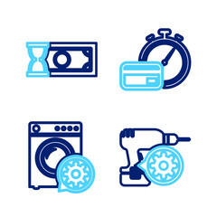 Set line Drill machine setting, Washer, Fast payments and icon. Vector