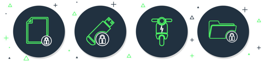 Set line USB flash drive with lock, Electric scooter, Document and and Folder icon. Vector