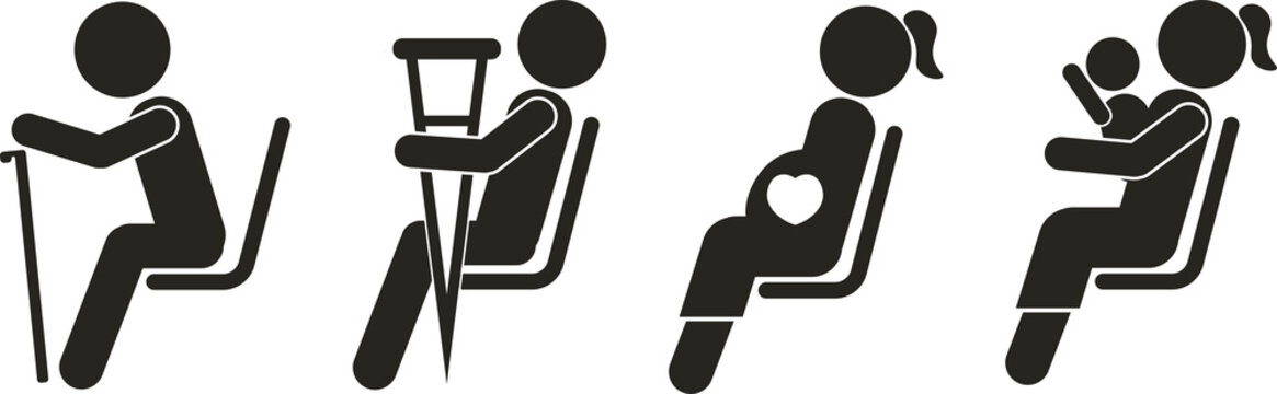 Bundle set pictogram icon of priority seat, for elder, disable, pregnant, woman with baby or children, for  bus transport or public area sign