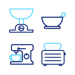 Set line Toaster with toasts, Electric mixer, Mortar and pestle and Electronic scales icon. Vector