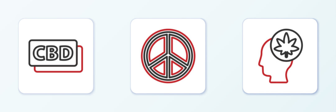 Set line Head with marijuana or cannabis, Cannabis molecule and Peace icon. Vector