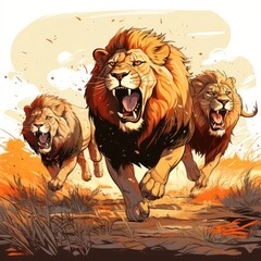 Roaring lions dominate the African savannah