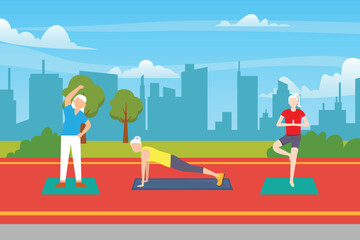 Naklejka premium Senior Characters Exercising Outdoors Making Tai Chi for Healthy Body, Flexibility and Wellness 2d vector illustration concept for banner, website, landing page, flyer, etc