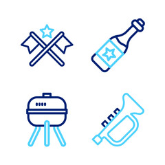 Set line Trumpet, Barbecue grill, Champagne bottle and American flag icon. Vector