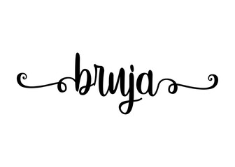 Logo con palabra en texto manuscrito bruja en español con raya de decoración de caligrafía para su uso en invitaciones y tarjetas de Halloween