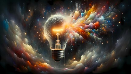 Vibrant bursts of color burst forth from a glowing light bulb in the midst of celestial clouds - obrazy, fototapety, plakaty