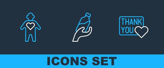 Set line Thank you with heart, Volunteer and Donation water icon. Vector