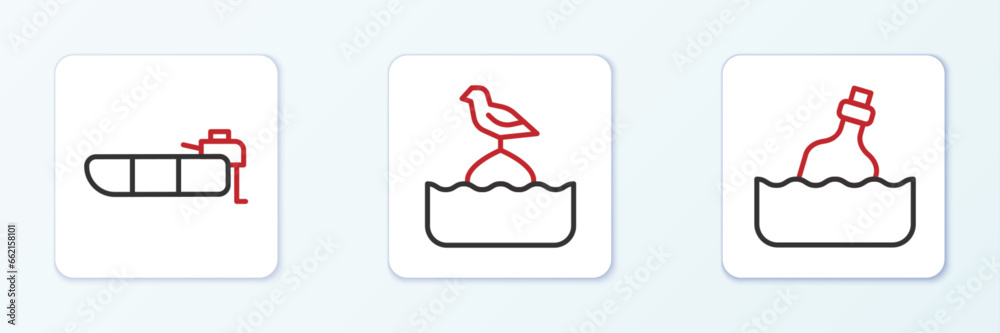 Sticker set line bottle with message in water, inflatable boat motor and seagull sits on buoy icon. vector