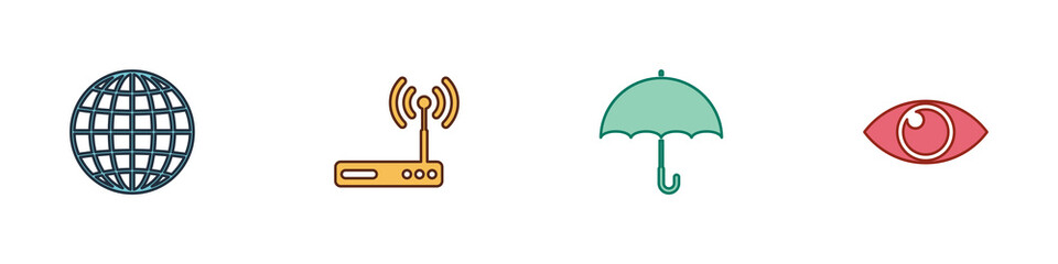 Set Earth globe, Router and wi-fi, Umbrella and Eye icon. Vector