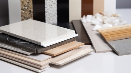samples of interior material consists concrete tile, wooden laminated or veneer, artificial stones, green fabric for drapery, wooden vinyl flooring. interior selected material for mood and tone board.