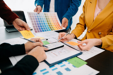 UX developer and ui designer brainstorming about mobile app interface wireframe design with...