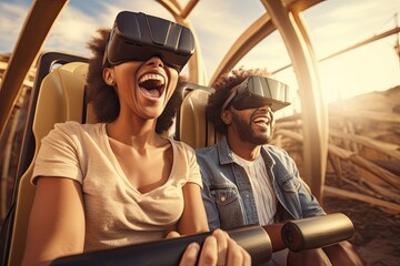 Portrait group of tourist people wearing Virtual reality glasses and enjoying on the sky roller coaster background. - obrazy, fototapety, plakaty