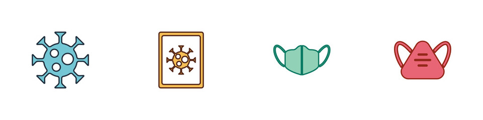 Set Virus, statistics on monitor, Medical protective mask and icon. Vector