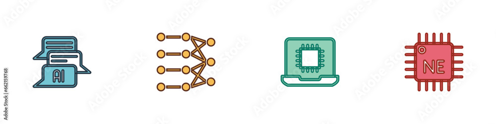 Poster set chat bot, neural network, processor cpu and icon. vector