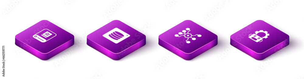Poster set isometric artificial intelligence ai, server, data, neural network and robot setting icon. vecto