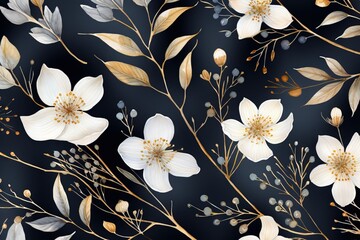 Mod&egrave;le aquarelle sans couture avec fleurs sauvages &eacute;th&eacute;r&eacute;es d'or et d'argent, feuilles d'or et d'argent. Plantes sauvages, fleurs, branches. fond floral naturel. IA g&eacute;n&eacute;rative, IA