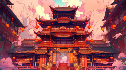 Hand drawn cartoon animation Chinese style festival atmosphere street building background illustration
