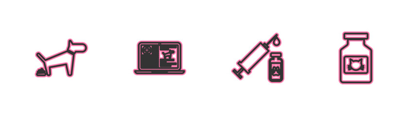 Set line Dog pooping, Syringe with pet vaccine, Clinical record dog on laptop and Cat medicine bottle icon. Vector