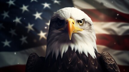A majestic bald eagle proudly standing in front of the iconic American flag