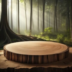 Fototapeta premium Natural Product presentation wooden podium pedestal platform in Jungle Tropical forest with studio natural lighting 3d render background cosmetics brands cinematic advertisement tree trunk copy space.