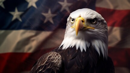 A majestic bald eagle standing proudly in front of the American flag