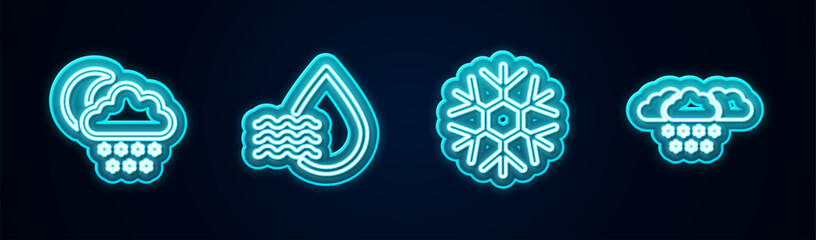 Set line Cloud with snow and moon, Water drop percentage, Snowflake and . Glowing neon icon. Vector